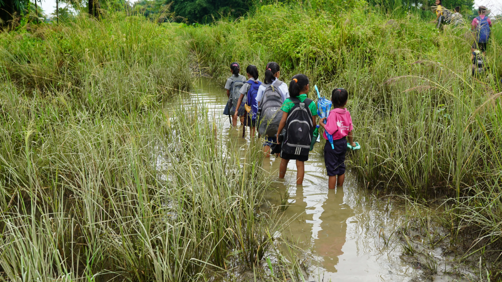 children walking in a watery field
